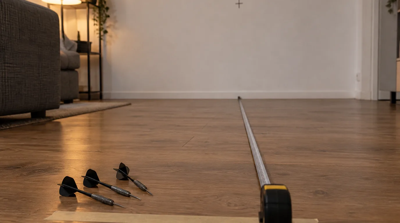 Illustrative Szene: Maßband auf dem Laminat von der leeren Wand zur abgeklebten Abwurflinie, daneben drei Steeldarts, an der Wand eine Bleistiftmarkierung