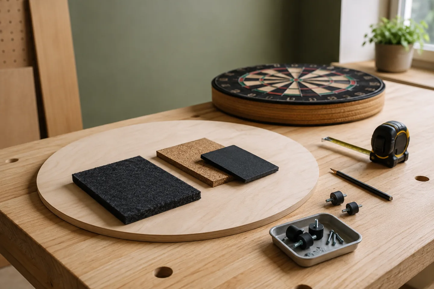 Illustrativer Arbeitsplatz mit Holzplatte, Dämmmaterial und Werkzeug