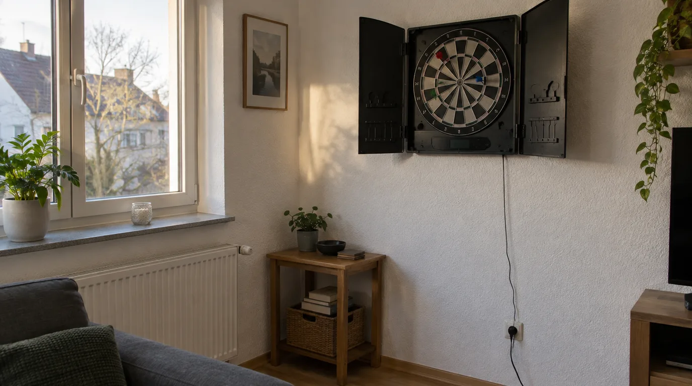 Illustrative Wohnzimmerecke mit elektronischer Dartscheibe im schwarzen Kabinett an weißer Raufaserwand, daneben Fenster, Heizkörper und Beistelltisch