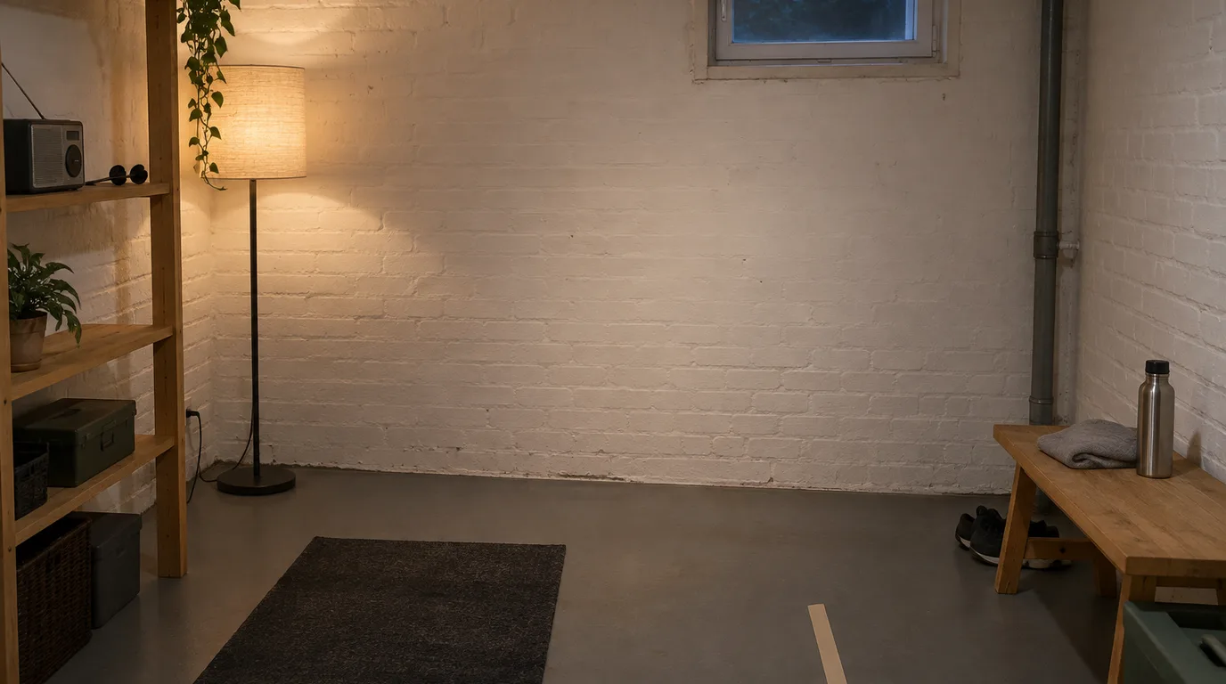 Illustrative Szene am Abend: Aufgeräumter Kellerraum mit weiß gestrichener Ziegelwand, Stehlampe, Regal mit Radio, Holzbank und abgeklebter Abwurflinie vor einer freien Wandfläche