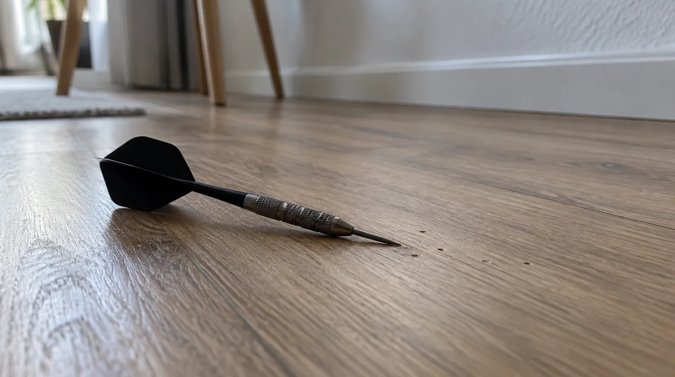 Illustrative Szene: Ein einzelner Steeldart liegt auf dem Laminat, neben der Spitze kleine Einstichspuren im Boden, im Hintergrund Sockelleiste und Stuhlbeine