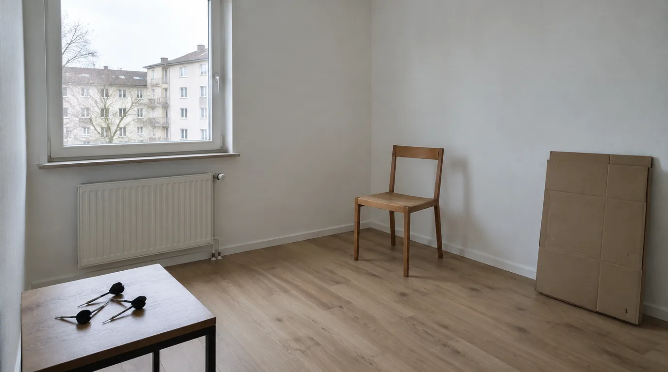 Illustrative Szene: Fast leeres Zimmer mit glatten weißen Wänden, Laminat und Fenster ohne Vorhang, darin ein Holzstuhl, ein gefalteter Umzugskarton und ein Tisch mit drei Steeldarts