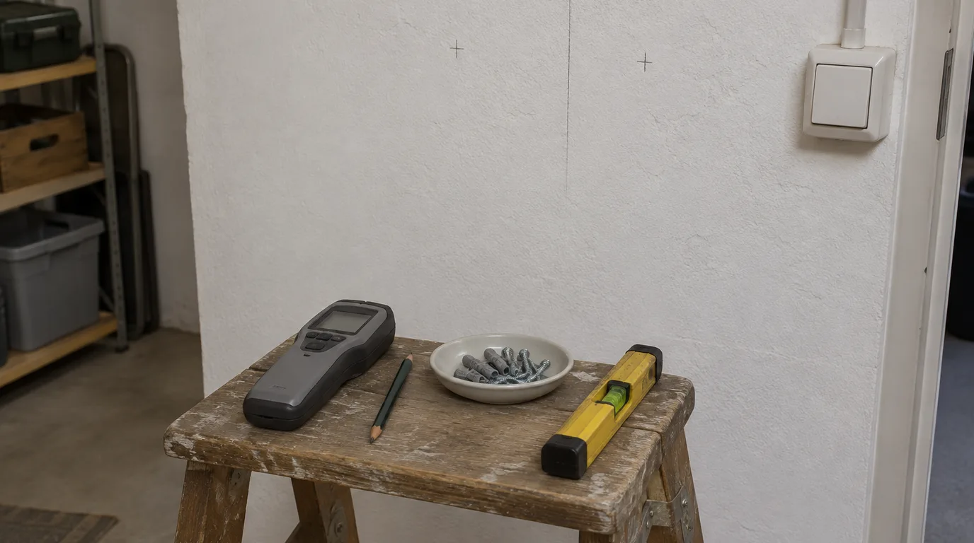 Illustrative Szene im Hobbykeller: Leitungssucher, Bleistift, Schale mit Dübeln und kleine Wasserwaage auf einem Holztritt vor einer weißen Wand mit zwei Bleistiftkreuzen