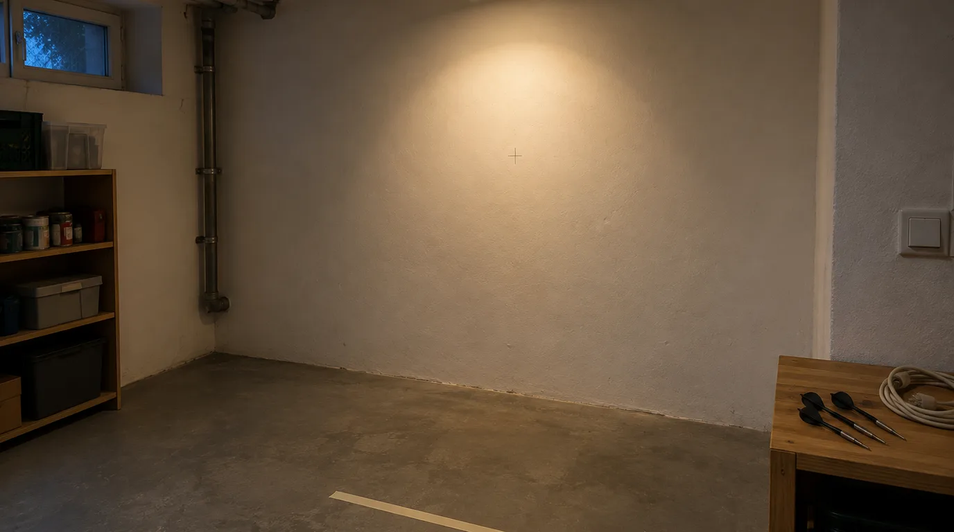 Illustrative Szene im Hobbykeller am Abend: Ein Deckenstrahler wirft einen Lichtkegel auf eine leere weiße Wand mit Bleistiftkreuz, am Boden eine abgeklebte Abwurflinie, rechts ein Tisch mit drei Steeldarts und einem Kabel