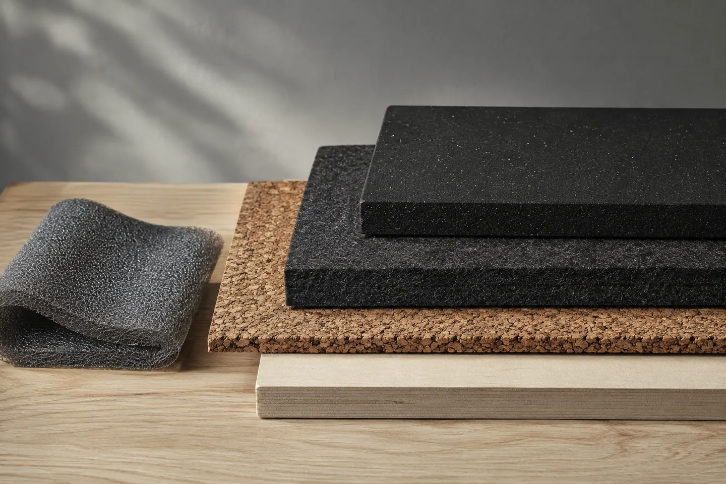 Illustrative Materialproben aus Kork, Filz, Gummi und Schaumstoff