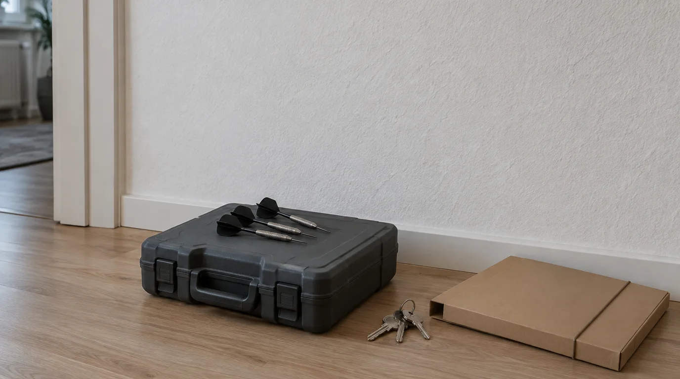 Illustrative Szene: Geschlossener Bohrmaschinenkoffer mit drei Steeldarts darauf vor einer unversehrten weißen Wand, daneben Schlüsselbund und Mappe auf dem Laminat