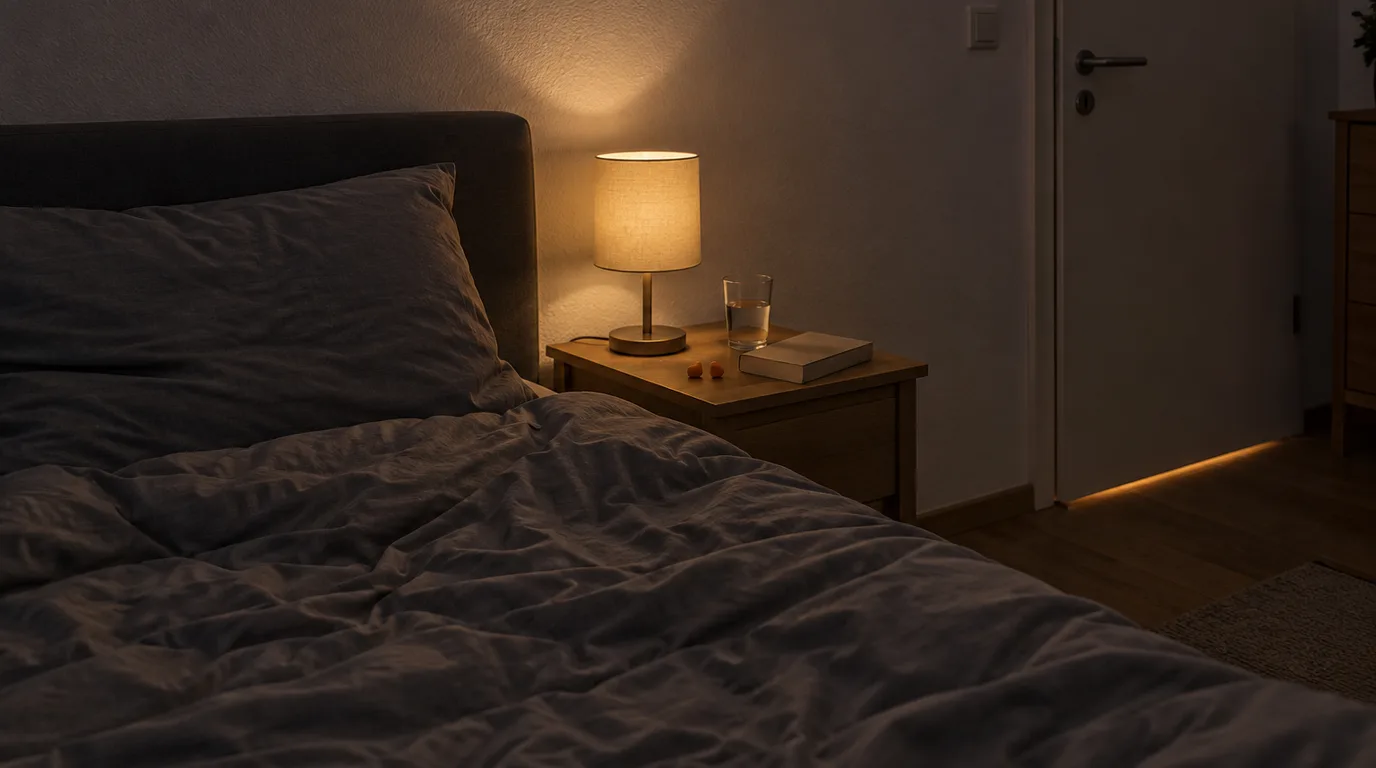 Illustrative Szene bei Nacht: Bett an einer kahlen weißen Wand, auf dem Nachttisch eine kleine Lampe, Ohrstöpsel, ein Wasserglas und ein Buch, unter der Zimmertür ein Lichtstreifen