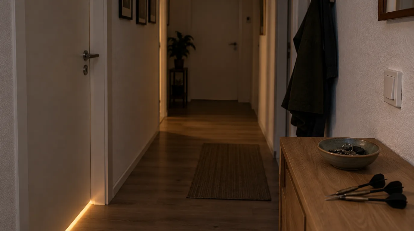 Illustrative Szene am Abend: Wohnungsflur mit geschlossener Zimmertür, unter der Licht durchscheint, auf dem Sideboard drei Steeldarts neben einer Schlüsselschale