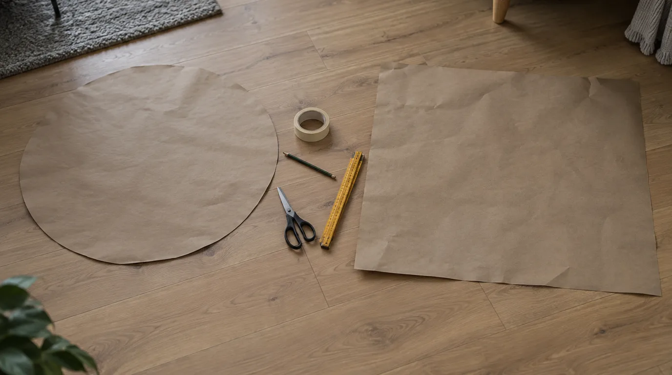 Illustrative Szene: Eine runde und eine quadratische Schablone aus Packpapier liegen auf dem Laminat, dazwischen Schere, Bleistift, Kreppband und Zollstock