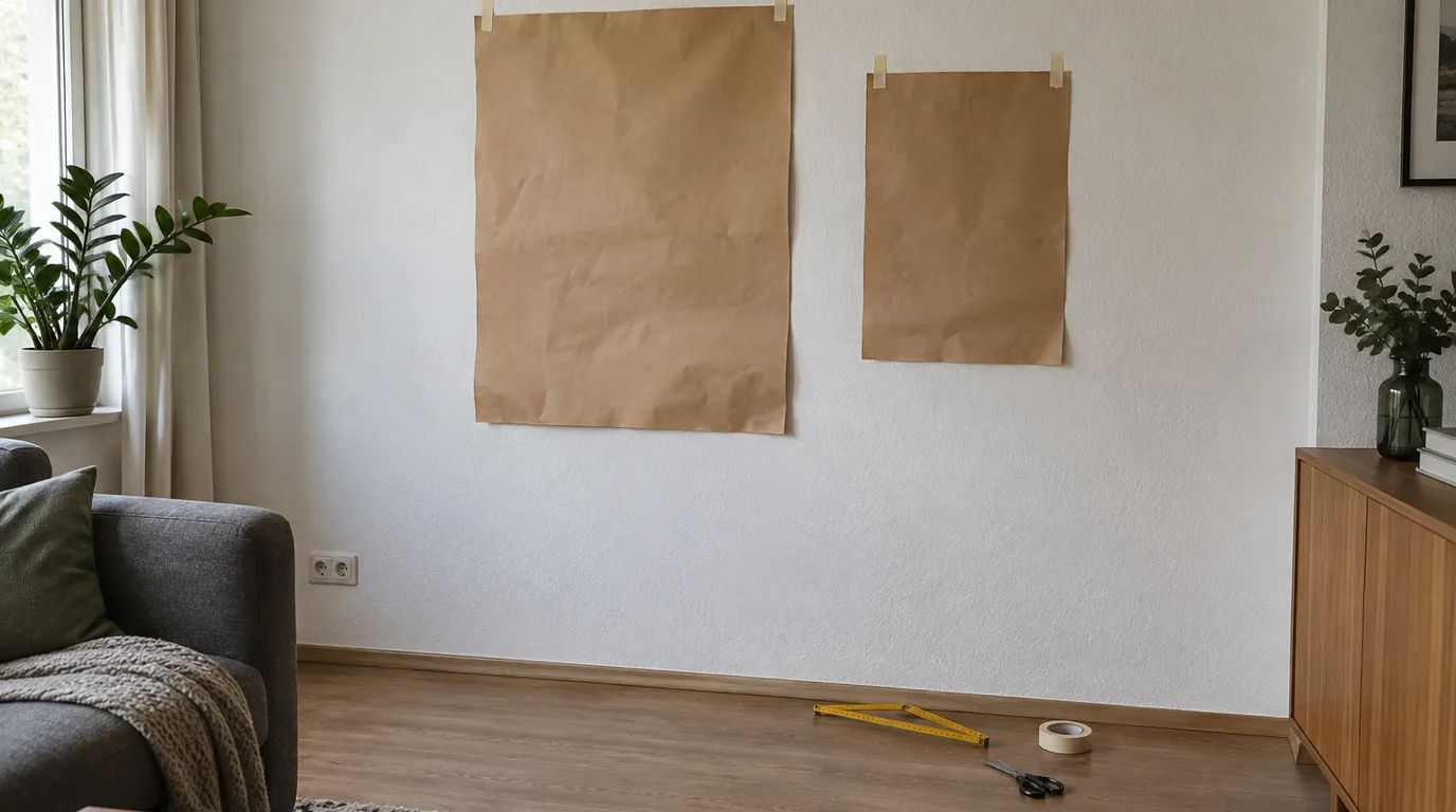 Illustrative Szene: Zwei unterschiedlich große Bögen Packpapier kleben mit Kreppband an einer weißen Wohnzimmerwand, am Boden liegen Zollstock, Schere und Kreppband