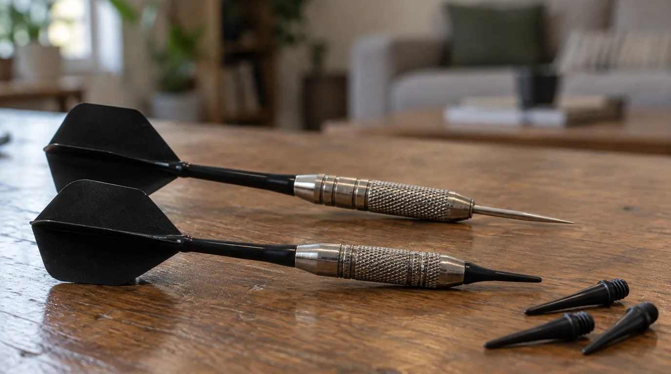 Illustrative Szene: Ein Steeldart mit Metallspitze und ein Softdart mit Kunststoffspitze liegen nebeneinander auf einem Holztisch, daneben drei lose Kunststoffspitzen