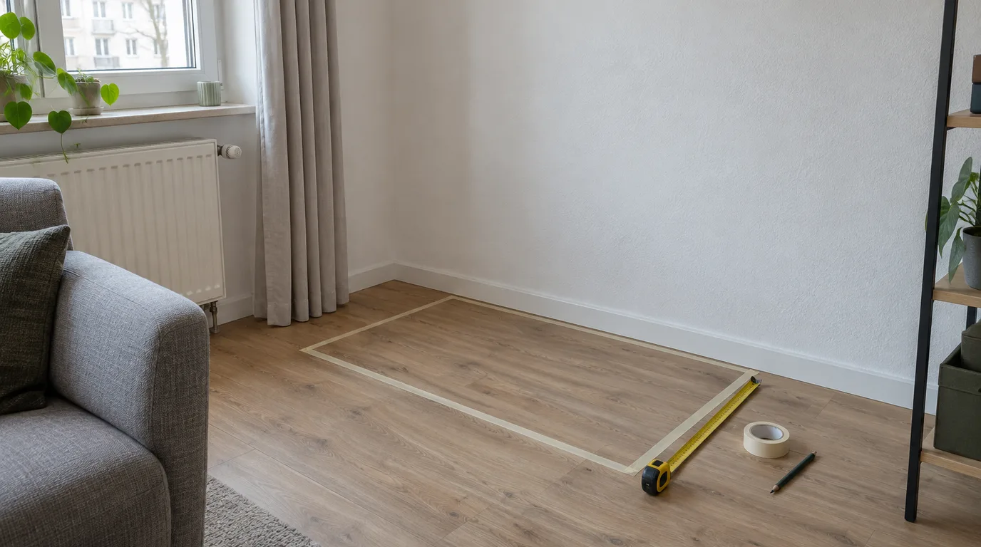 Illustrative Szene: Mit Kreppband abgeklebtes Rechteck auf dem Laminat vor einer leeren weißen Wand, daneben Maßband, Kreppbandrolle und Bleistift