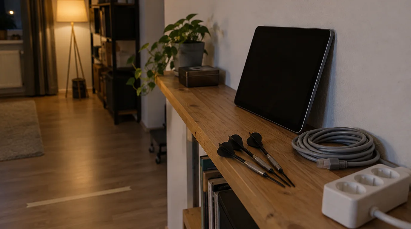 Illustrative Szene am Abend: Ausgeschaltetes Tablet lehnt auf einem Wandregal neben aufgerolltem Netzwerkkabel, Steckdosenleiste und drei Steeldarts, am Boden eine abgeklebte Abwurflinie