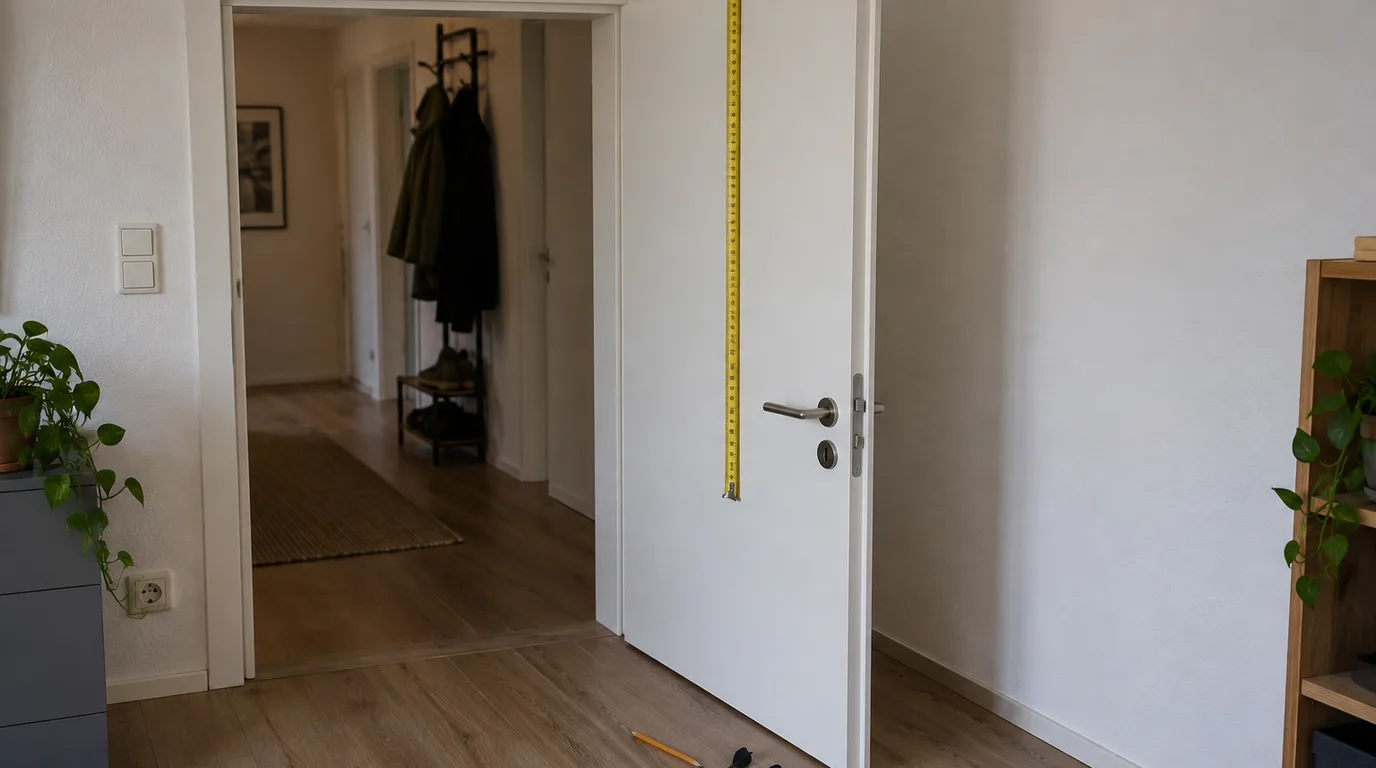 Illustrative Szene: Halb geöffnete weiße Zimmertür, über deren Oberkante ein gelbes Maßband hängt, am Boden davor ein Bleistift und drei Steeldarts
