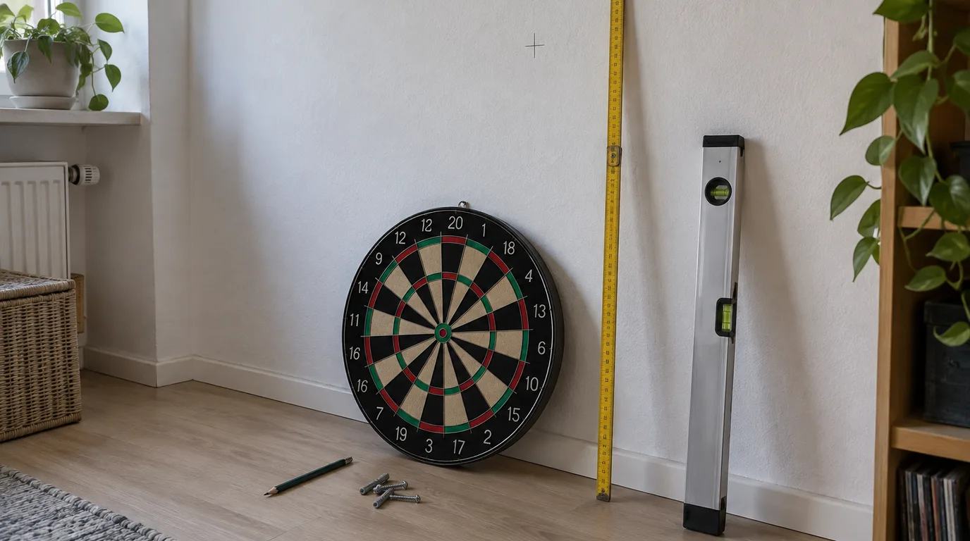 Illustrative Szene: Zollstock und Wasserwaage lehnen an einer weißen Wand mit Bleistiftmarkierung, daneben eine Steeldartscheibe, Bleistift und Dübel am Boden