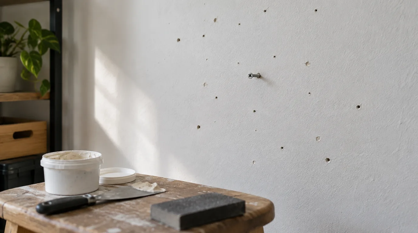 Illustrative Szene: Weiße Wand mit verstreuten kleinen Einstichlöchern rund um eine einzelne Schraube, davor ein Hocker mit Spachtelmasse, Spachtel und Schleifklotz
