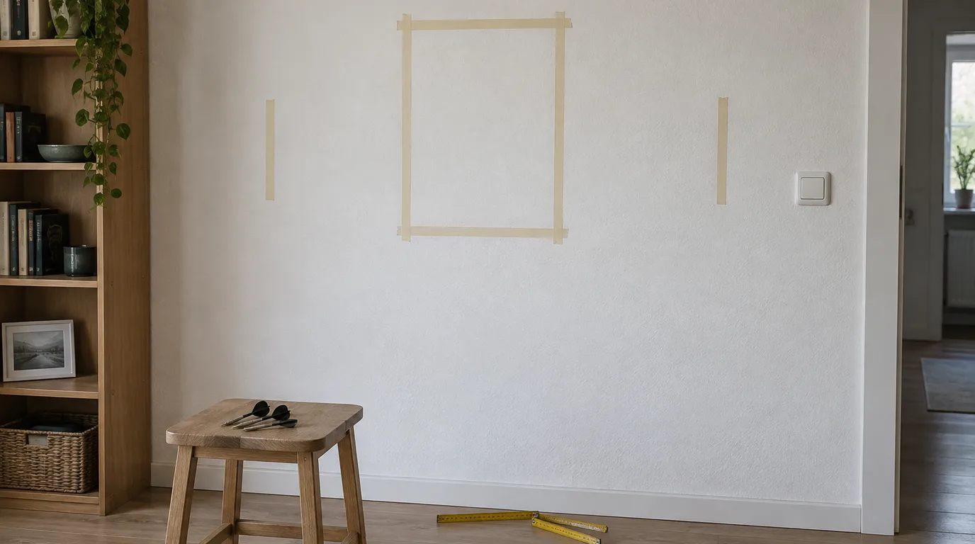 Illustrative Szene: Mit Kreppband abgeklebtes Rechteck und zwei seitliche Markierungen an einer weißen Wohnzimmerwand, davor ein Hocker mit drei Steeldarts, am Boden Zollstock, Kreppband und Bleistift