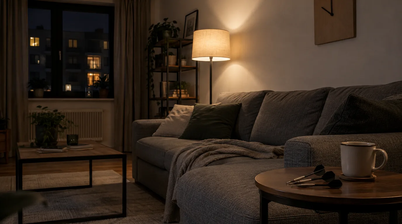 Illustrative Szene am späten Abend: Wohnzimmer mit Stehlampe und Sofa, an der Wand eine Holzuhr ohne Ziffern, auf dem Beistelltisch drei Steeldarts neben einer Tasse, draußen erleuchtete Fenster