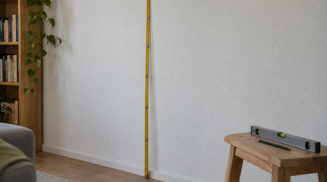 Illustrative Szene: Aufgeklappter Zollstock lehnt senkrecht an einer weißen Raufaserwand mit Bleistiftkreuz, auf einem Holzhocker liegen Wasserwaage und Bleistift